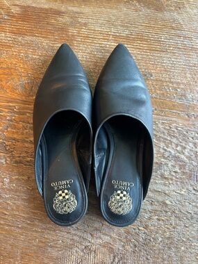Vince Camuto Black Pointed Leather Slip-On Mules